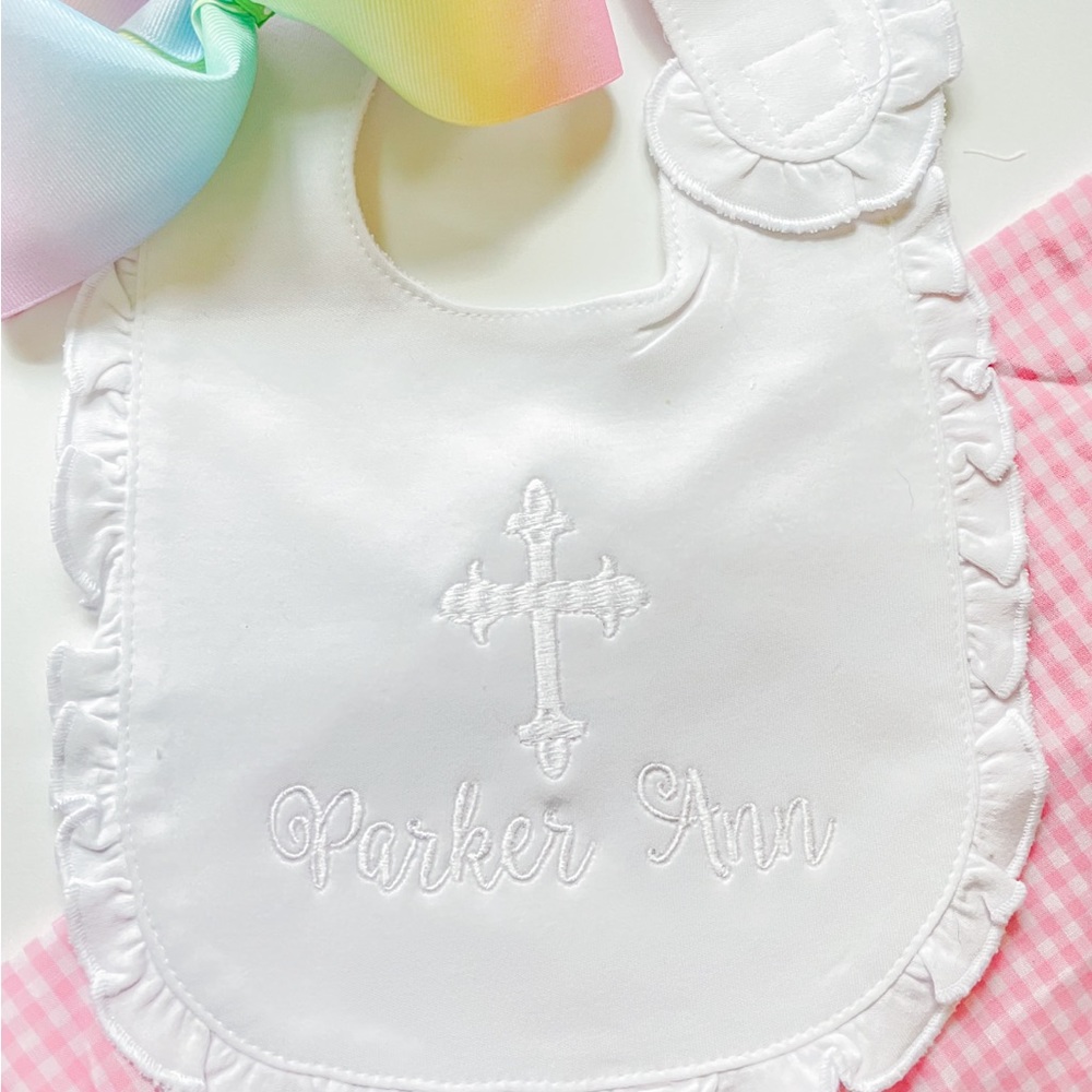 White Ruffle Christening Baptism Bib with Cross and Parker Ann in White